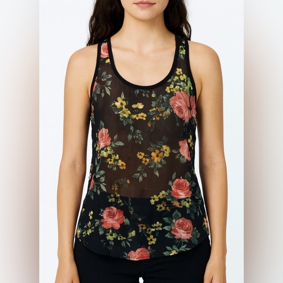 Abound Sheer Floral Roses Sleeveless Racer back Black Pink Blouse Size M - Picture 1 of 13
